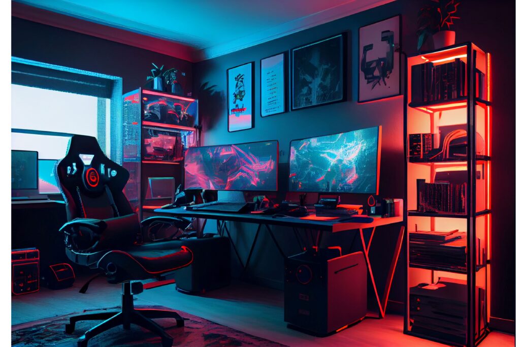 Innenraum eines farbenfrohen Cyberpunk-Streaming- und Gaming-Studios für Streamer