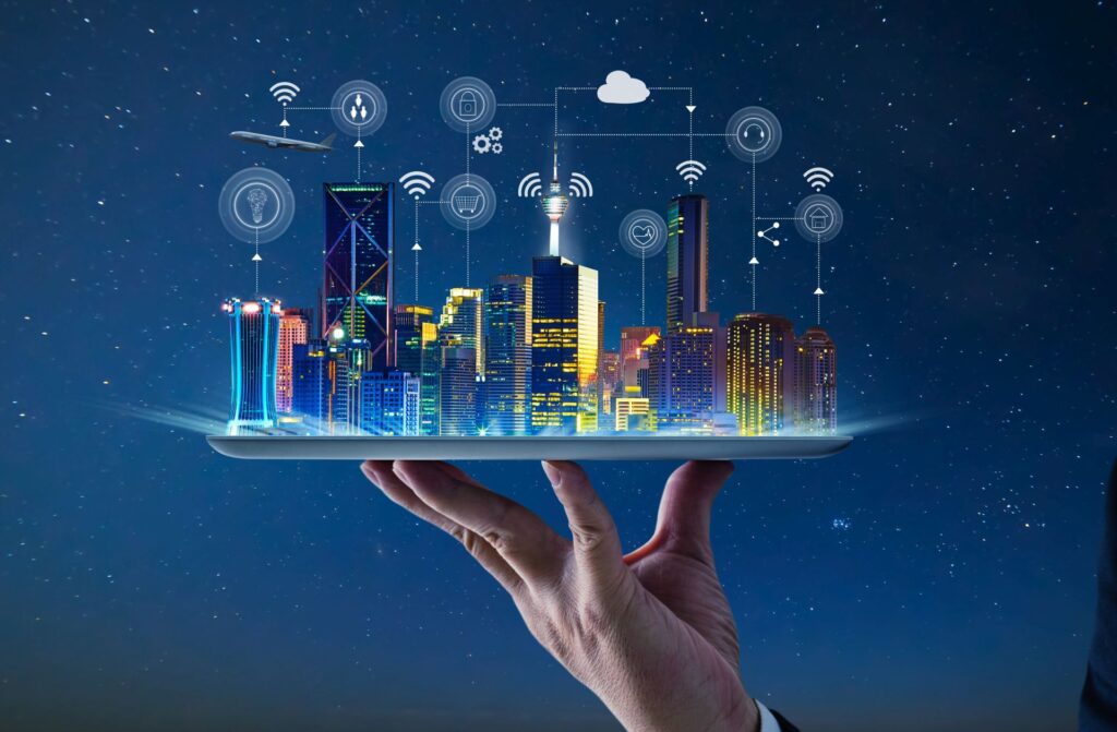 Darstellung einer futuristischen, vernetzten Stadt auf einem Tablet, symbolisiert die Innovation tragbarer Technologien wie Elf Bar Vape.