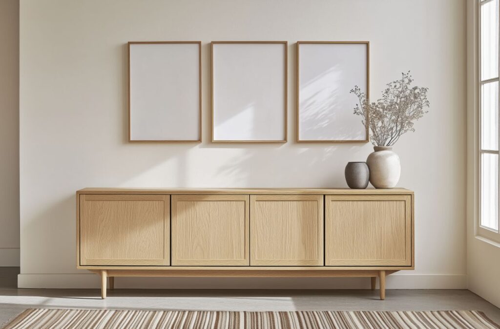 Ein stilvolles Sideboard aus hellem Holz mit geschlossenen Türen, dekoriert mit Vasen und Bildern, in einem modernen, minimalistischen Raum.