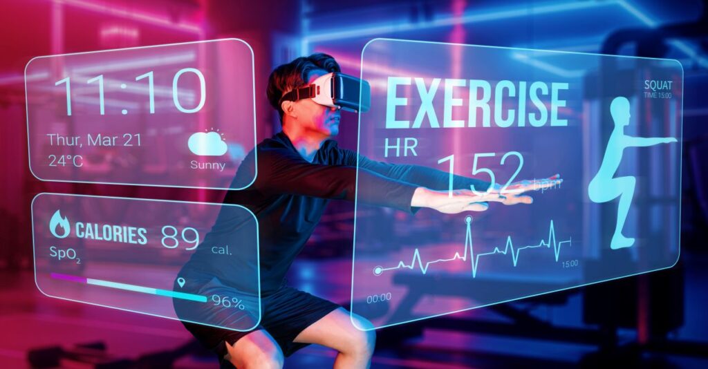 Person mit VR-Headset beim Training mit digitalen Fitness-Daten wie Herzfrequenz, Kalorienverbrauch und Squat-Anleitung