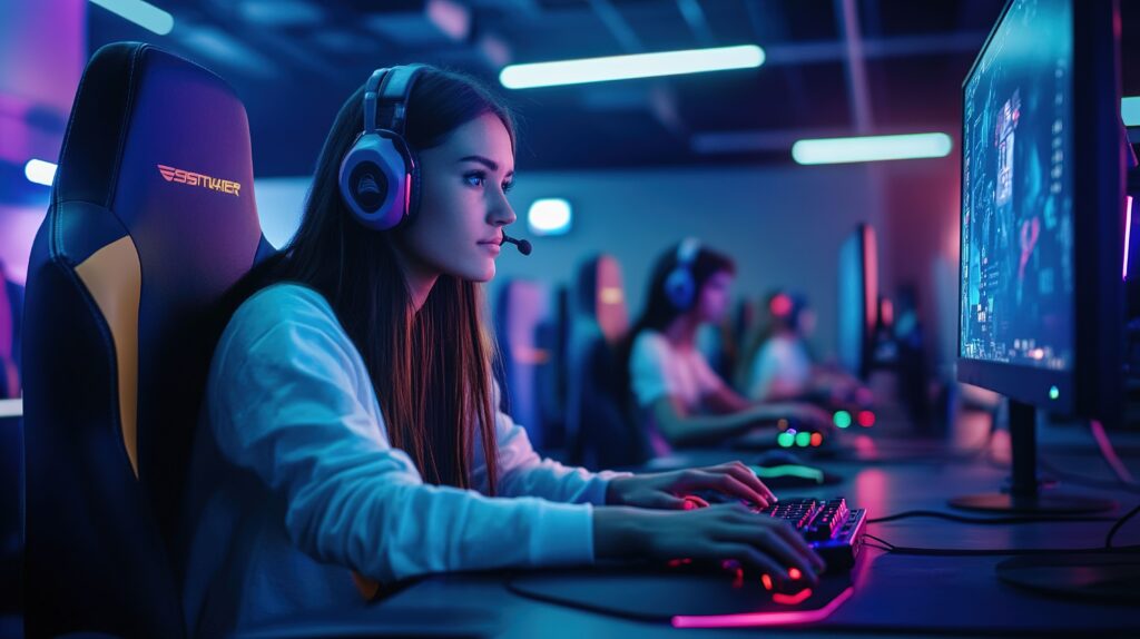 Amazon Produktbilder im Gaming-Stil – Frau mit Headset beim Spielen an RGB-beleuchtetem PC