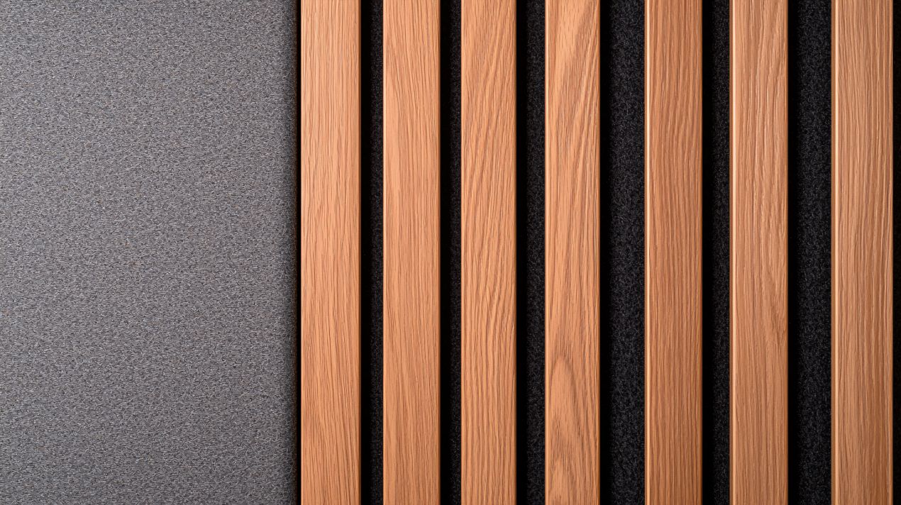 Nahaufnahme von Akustikpaneelen mit Holzlamellen und grauem Filz – ideal zur Kombination von Design und Raumakustik