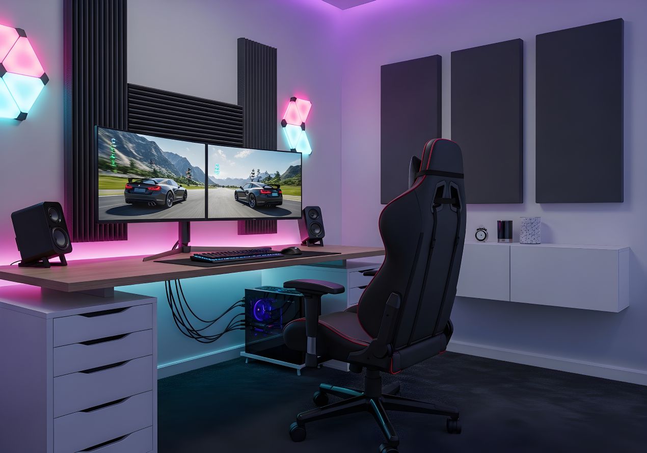 Modernes Gaming-Setup mit RGB-Beleuchtung, ergonomischem Stuhl und schwarzen Akustikpaneelen zur Schalloptimierung