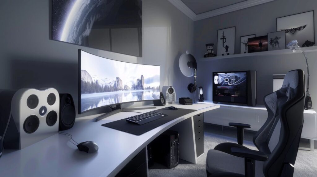 Stilvoll eingerichtetes Gaming-Zimmer mit Akustikpaneelen, Curved Monitor und monochromem Design