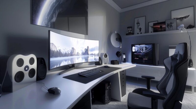 Stilvoll eingerichtetes Gaming-Zimmer mit Akustikpaneelen, Curved Monitor und monochromem Design