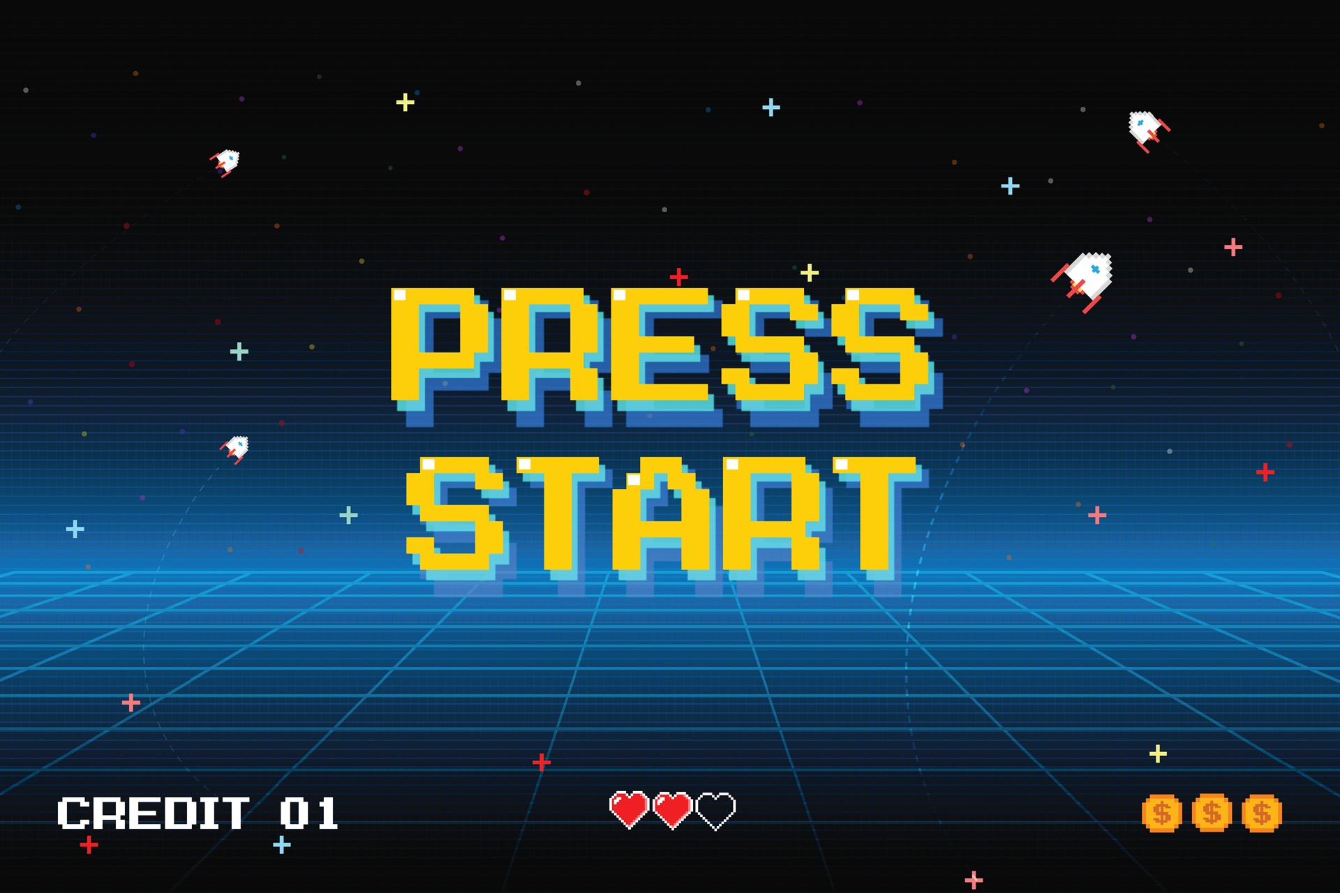 Startbildschirm im Retro-Stil mit Spielaufforderung | Super8 digitalisieren

