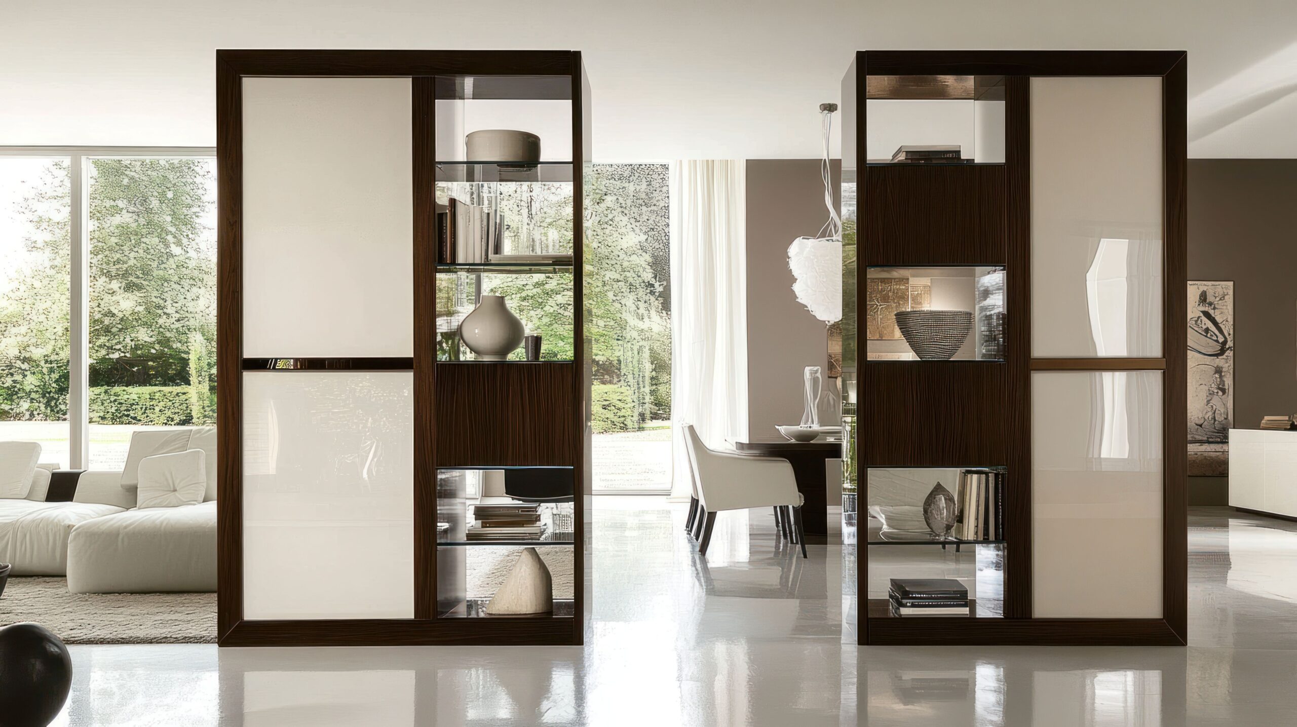 Moderner Raumteiler aus Holz und Glas strukturiert offenen Wohnbereich mit Design und Funktion