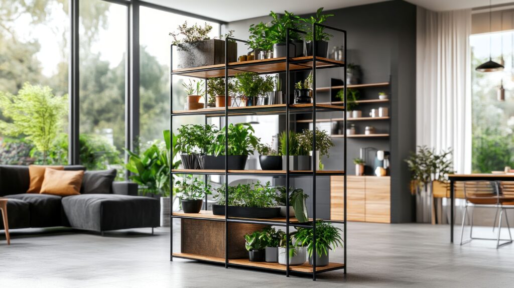 Raumteiler mit Pflanzen als Regalstruktur in modernem Loft