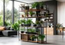 Raumteiler mit Pflanzen als Regalstruktur in modernem Loft