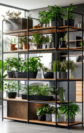Raumteiler mit Pflanzen als Regalstruktur in modernem Loft