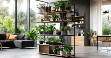 Raumteiler mit Pflanzen als Regalstruktur in modernem Loft