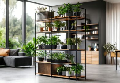 Raumteiler mit Pflanzen als Regalstruktur in modernem Loft