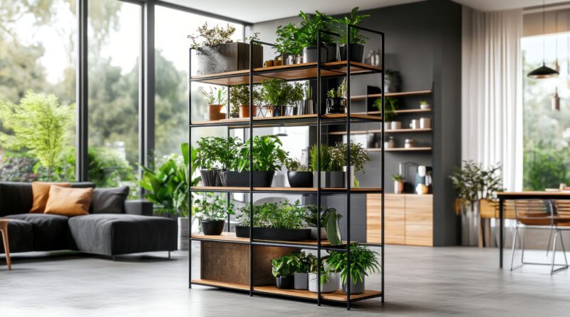 Raumteiler mit Pflanzen als Regalstruktur in modernem Loft