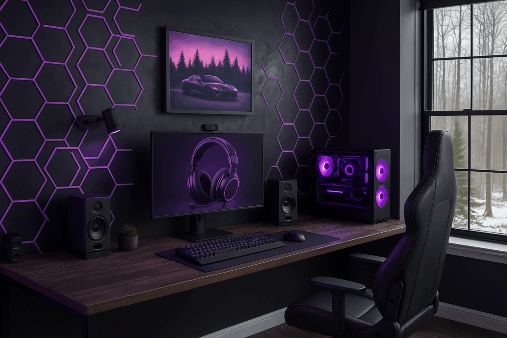 Gaming Zimmer mit einer Steinwand und neon lila Beleuchtung