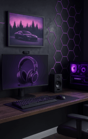 Gaming Zimmer mit einer Steinwand und neon lila Beleuchtung