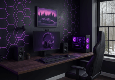 Gaming Zimmer mit einer Steinwand und neon lila Beleuchtung