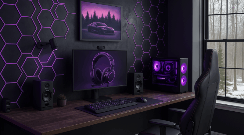 Gaming Zimmer mit einer Steinwand und neon lila Beleuchtung